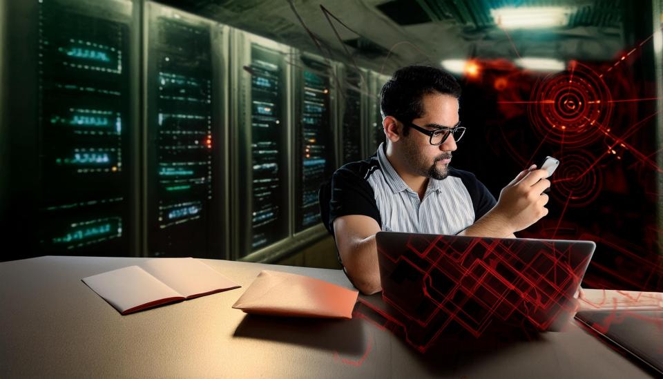 man using phone in server room